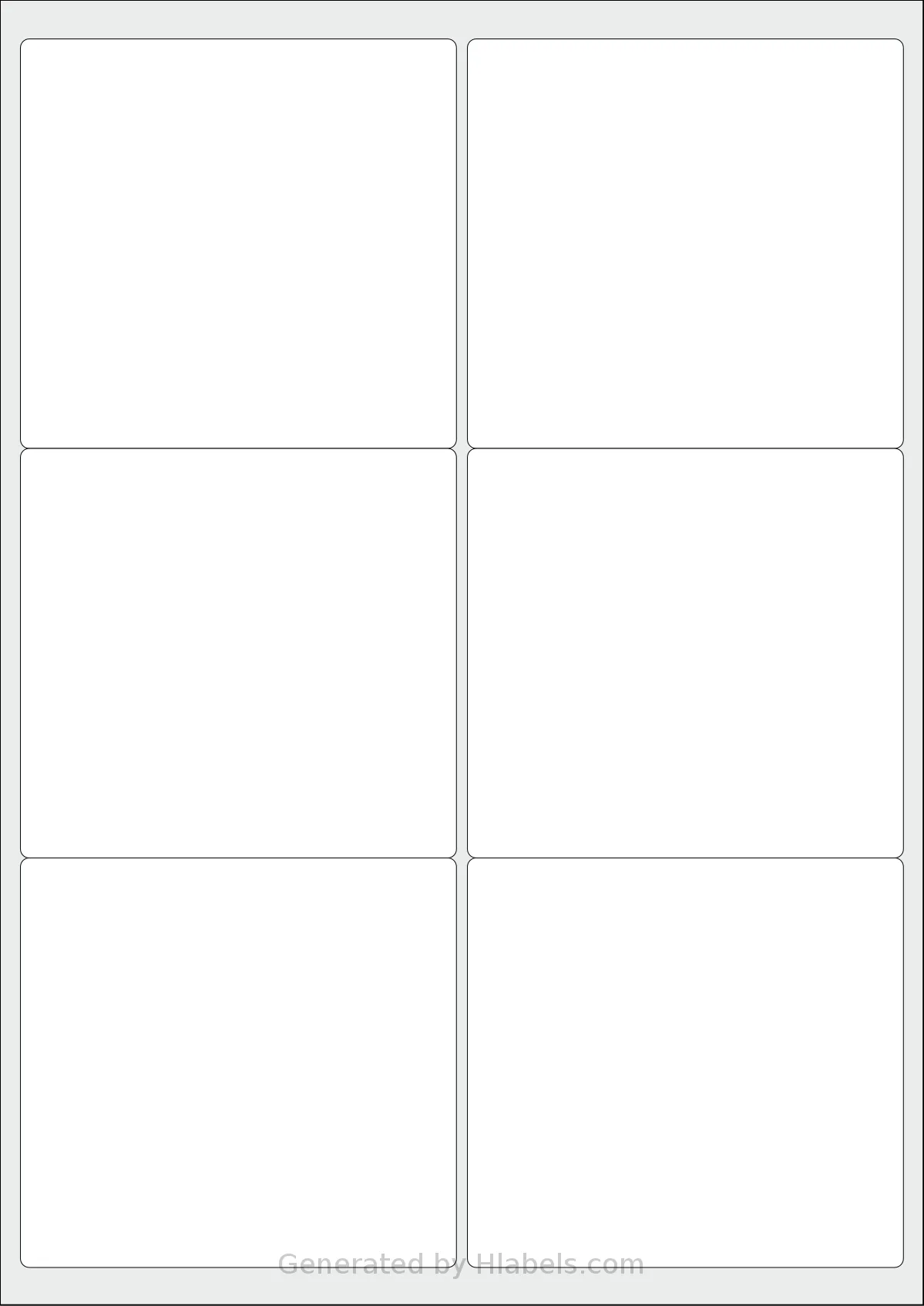 LabelPlanet® LP6-99 template with 6 rectangular 99.1 x 93.1 millimeter labels per sheet, on A4-size adhesive blank label sheets.