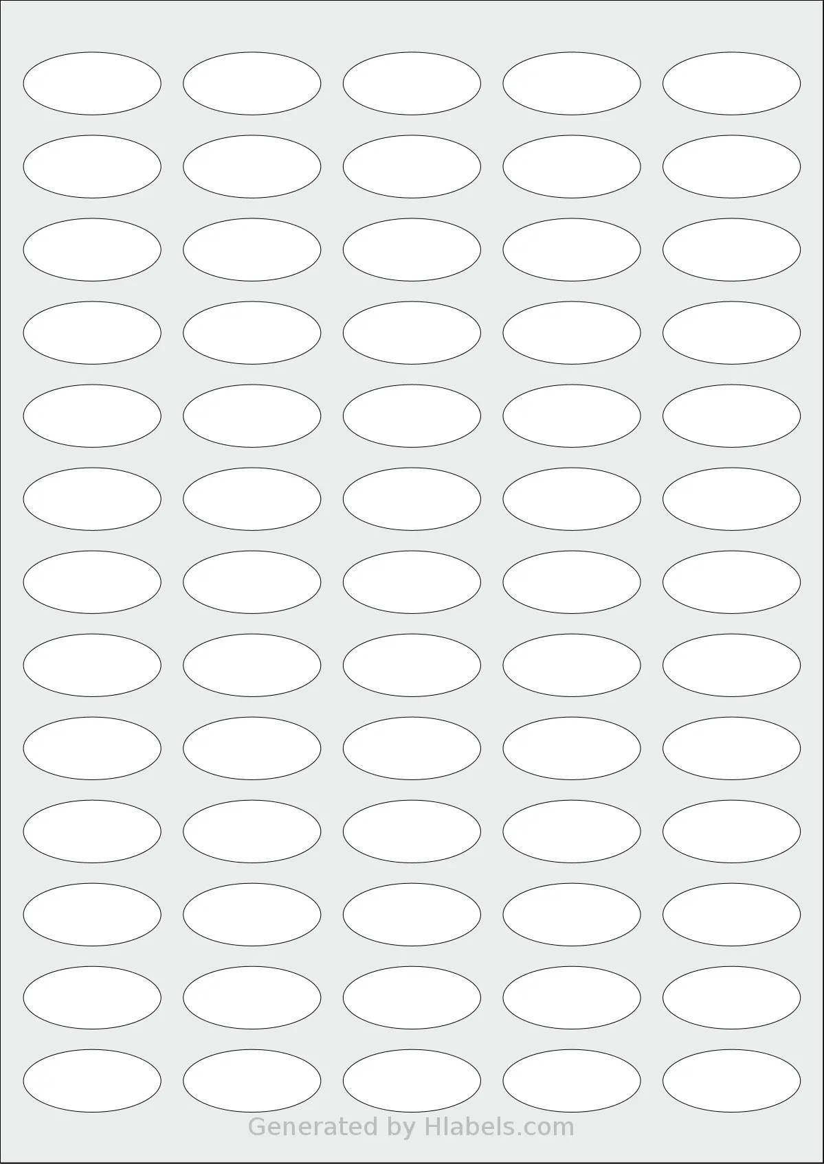 LabelPlanet® LP65-35OV template with 65 oval 35.05 x 16 millimeter labels per sheet, on A4-size adhesive blank label sheets.