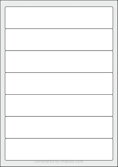 LabelPlanet® LP7-192 template with 7 rectangular 192 x 39 millimeter labels per sheet, on A4-size adhesive blank label sheets.