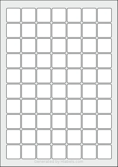 LabelPlanet® LP70-25SQ template with 70 square 25 x 25 millimeter labels per sheet, on A4-size adhesive blank label sheets.