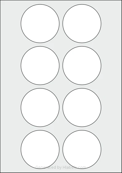 LabelPlanet® LP8-66R template with 8 circle labels per sheet, each 66 millimeter in diameter, on A4-size adhesive blank label sheets.