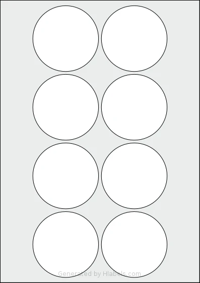 LabelPlanet® LP8-69R template with 8 circle labels per sheet, each 69 millimeter in diameter, on A4-size adhesive blank label sheets.