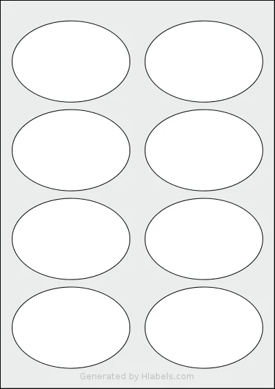 LabelPlanet® LP8-90OV template with 8 oval 90 x 62 millimeter labels per sheet, on A4-size adhesive blank label sheets.