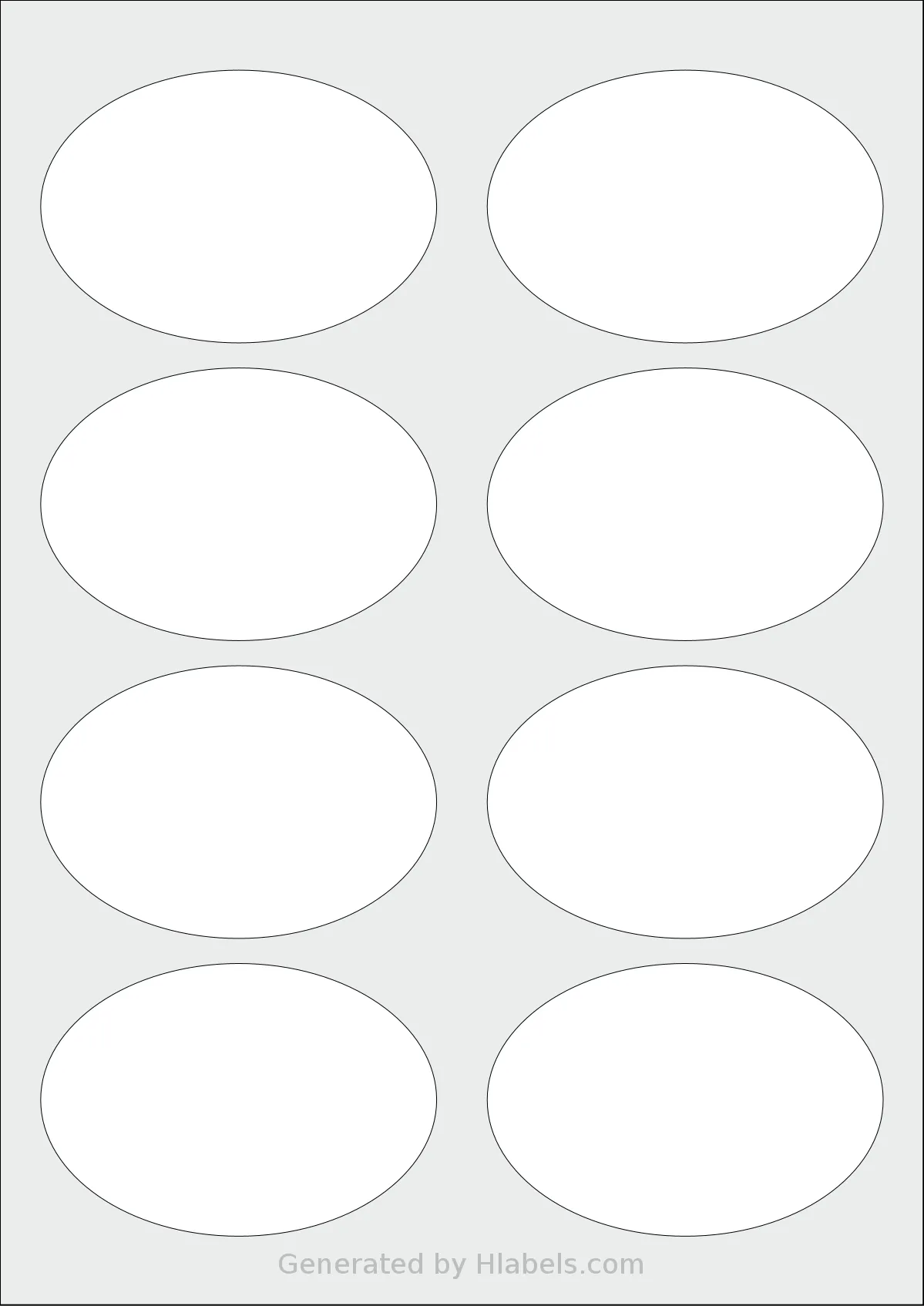 LabelPlanet® LP8-90OV template with 8 oval 90 x 62 millimeter labels per sheet, on A4-size adhesive blank label sheets.