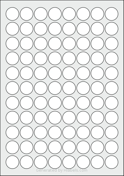 LabelPlanet® LP88-22R template with 88 circle labels per sheet, each 22 millimeter in diameter, on A4-size adhesive blank label sheets.