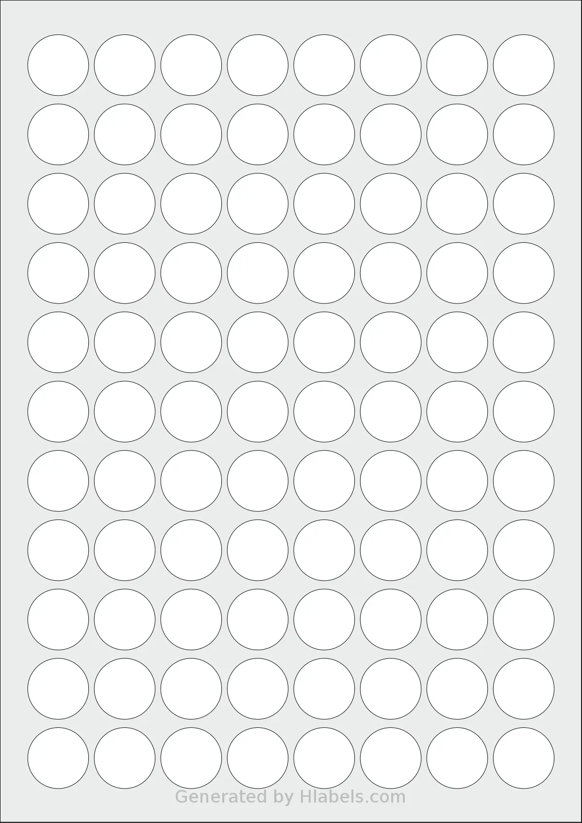 LabelPlanet® LP88-22R template with 88 circle labels per sheet, each 22 millimeter in diameter, on A4-size adhesive blank label sheets.