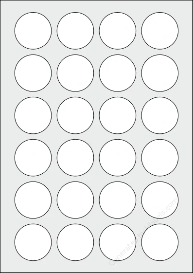Lliked® A4-24 template with 24 circle labels per sheet, each 40 millimeter in diameter, on A4-size adhesive blank label sheets.