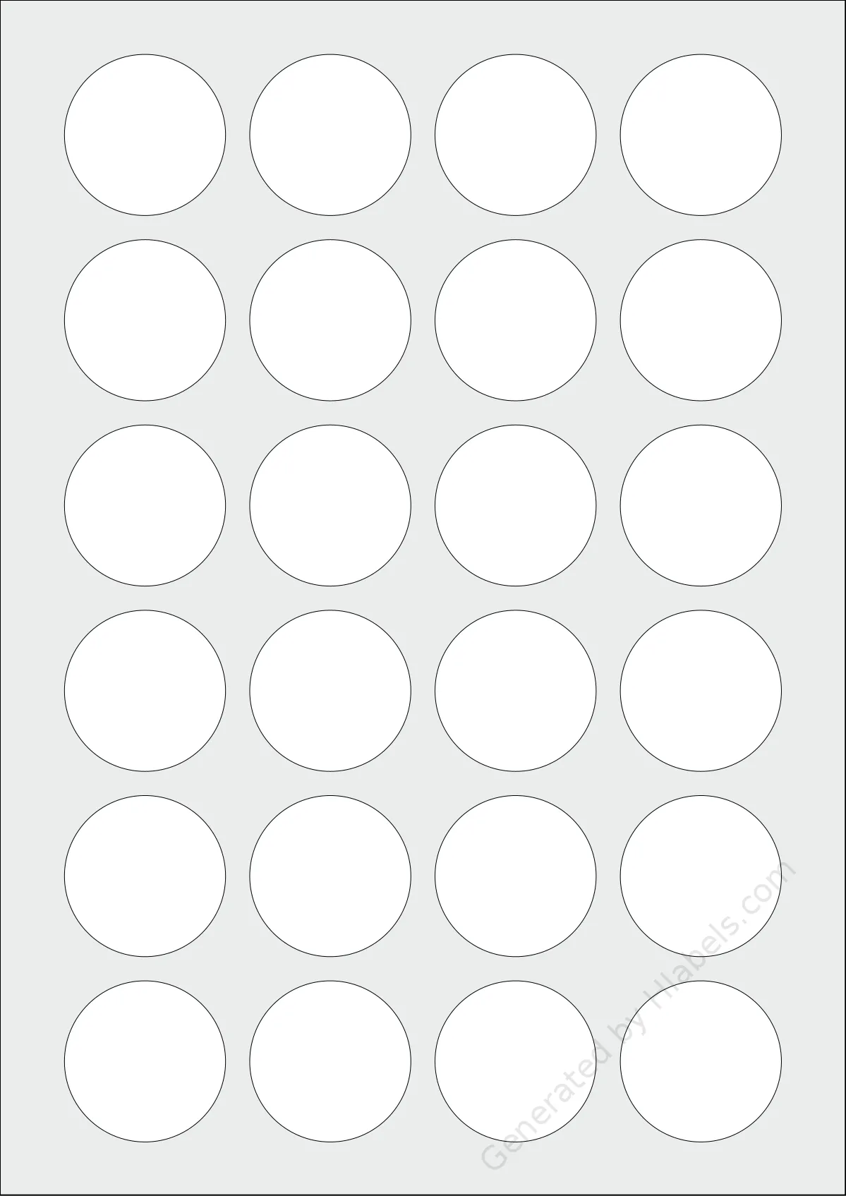 Lliked® A4-24 template with 24 circle labels per sheet, each 40 millimeter in diameter, on A4-size adhesive blank label sheets.