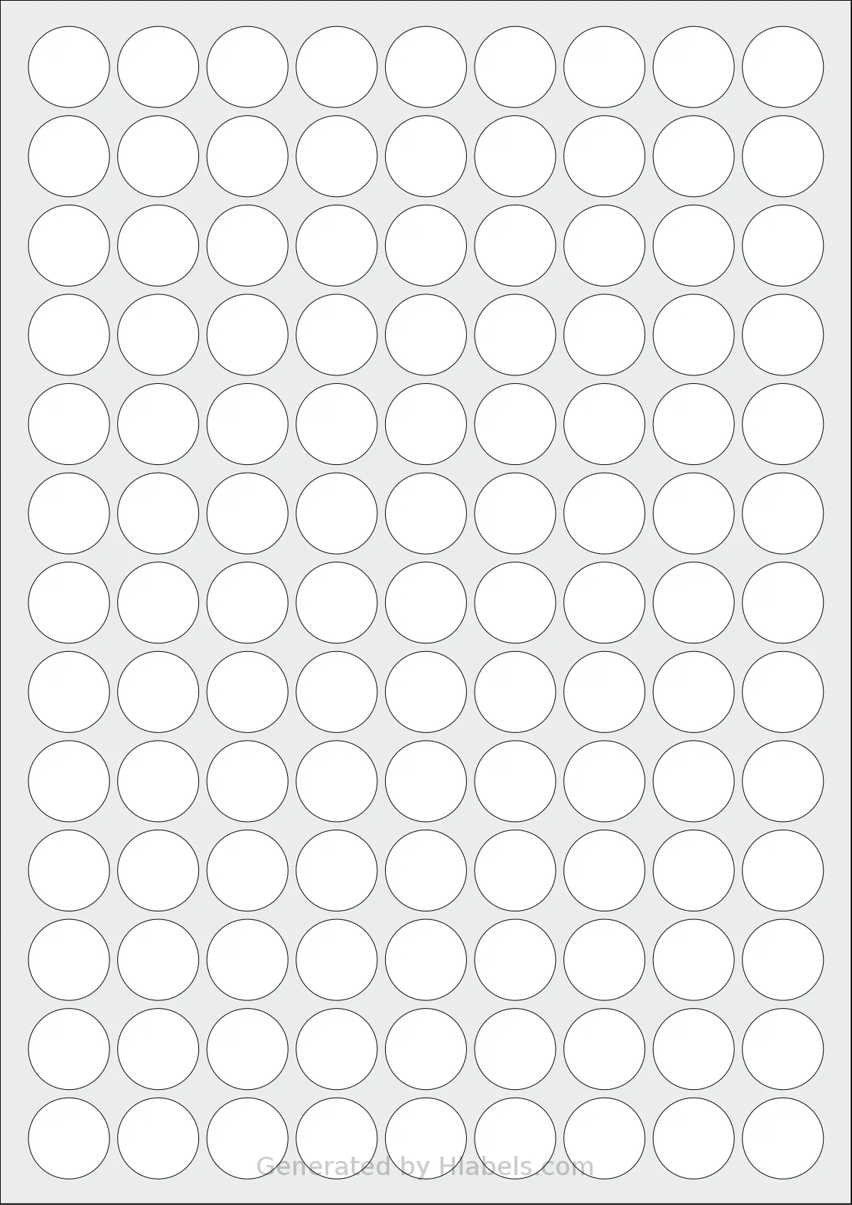 Monkeylabels® ML200 template with 117 circle labels per sheet, each 20 millimeter in diameter, on A4-size adhesive blank label sheets.