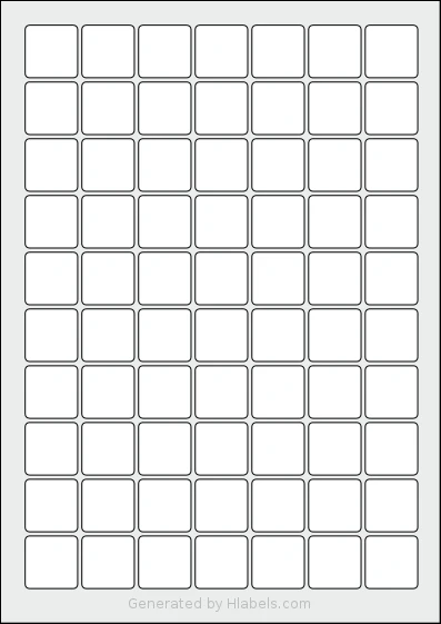 Monkeylabels® ML2671 template with 70 square 25 x 25 millimeter labels per sheet, on A4-size adhesive blank label sheets.