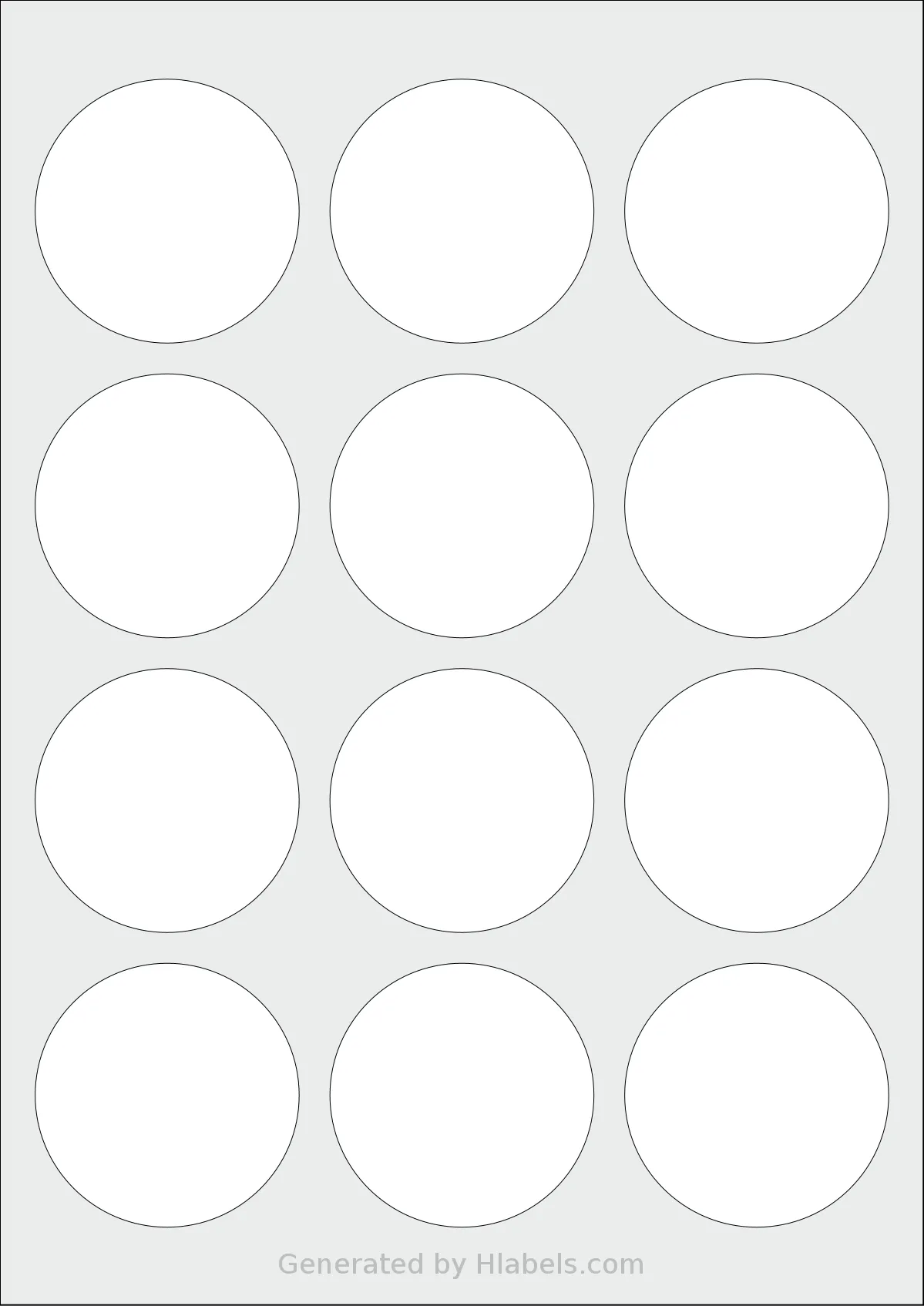MrLabel® MR545 template with 12 circle labels per sheet, each 60 millimeter in diameter, on A4-size adhesive blank label sheets.