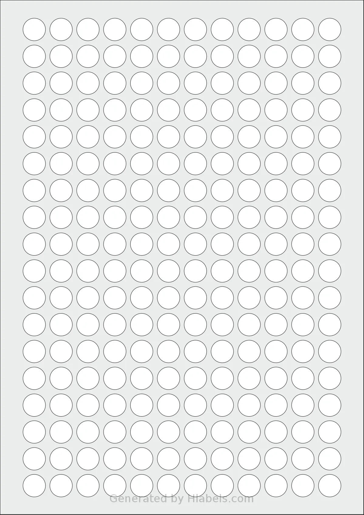 OnlineLabels® EU30050 template with 216 circle labels per sheet, each 13 millimeter in diameter, on A4-size adhesive blank label sheets.