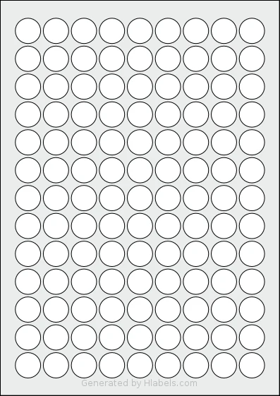 OnlineLabels® EU30051 template with 117 circle labels per sheet, each 19 millimeter in diameter, on A4-size adhesive blank label sheets.