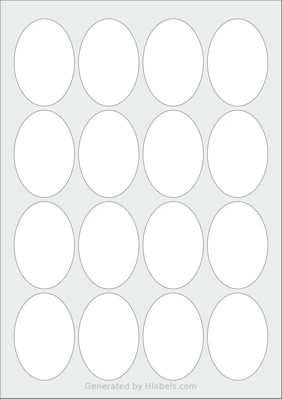 OnlineLabels® EU30066 template with 16 oval 45 x 65 millimeter labels per sheet, on A4-size adhesive blank label sheets.