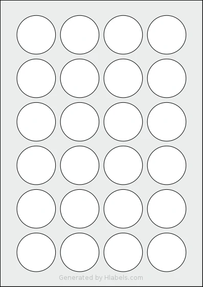 OnlineLabels® EU30109 template with 24 circle labels per sheet, each 40 millimeter in diameter, on A4-size adhesive blank label sheets.
