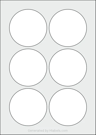 OnlineLabels® EU30122 template with 6 circle labels per sheet, each 82 millimeter in diameter, on A4-size adhesive blank label sheets.