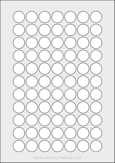 OnlineLabels® EU30169 template with 77 circle labels per sheet, each 21 millimeter in diameter, on A4-size adhesive blank label sheets.