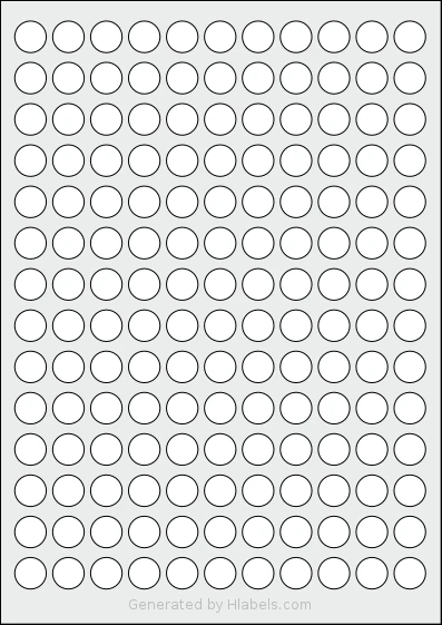 OnlineLabelsAU® 065 Template OnlineLabelsAU® 065 template with 154 circle labels per sheet, each 15 millimeter in diameter, on A4-size adhesive blank label sheets.