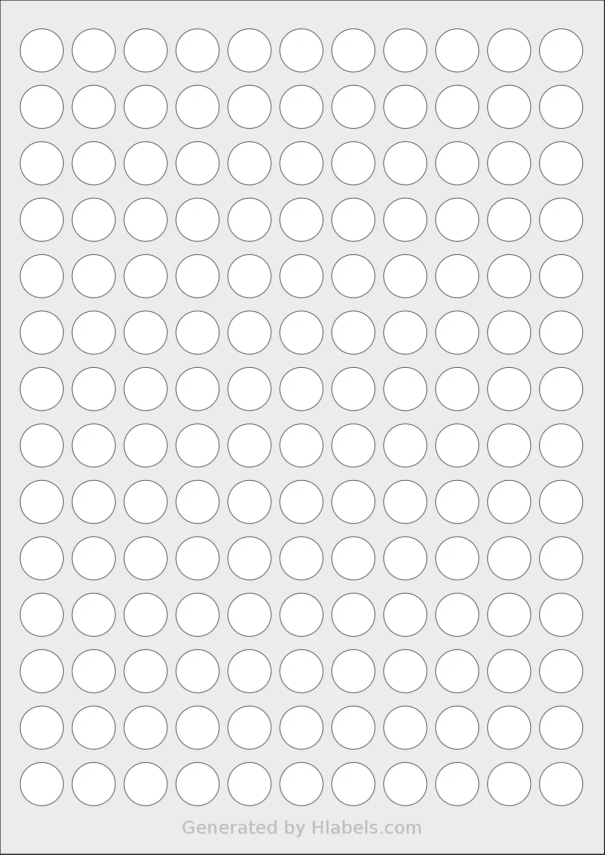 OnlineLabelsAU® 065 template with 154 circle labels per sheet, each 15 millimeter in diameter, on A4-size adhesive blank label sheets.