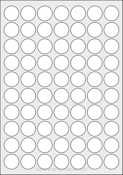 OnlineLabelsAU® 067 template with 70 circle labels per sheet, each 25.4 millimeter in diameter, on A4-size adhesive blank label sheets.
