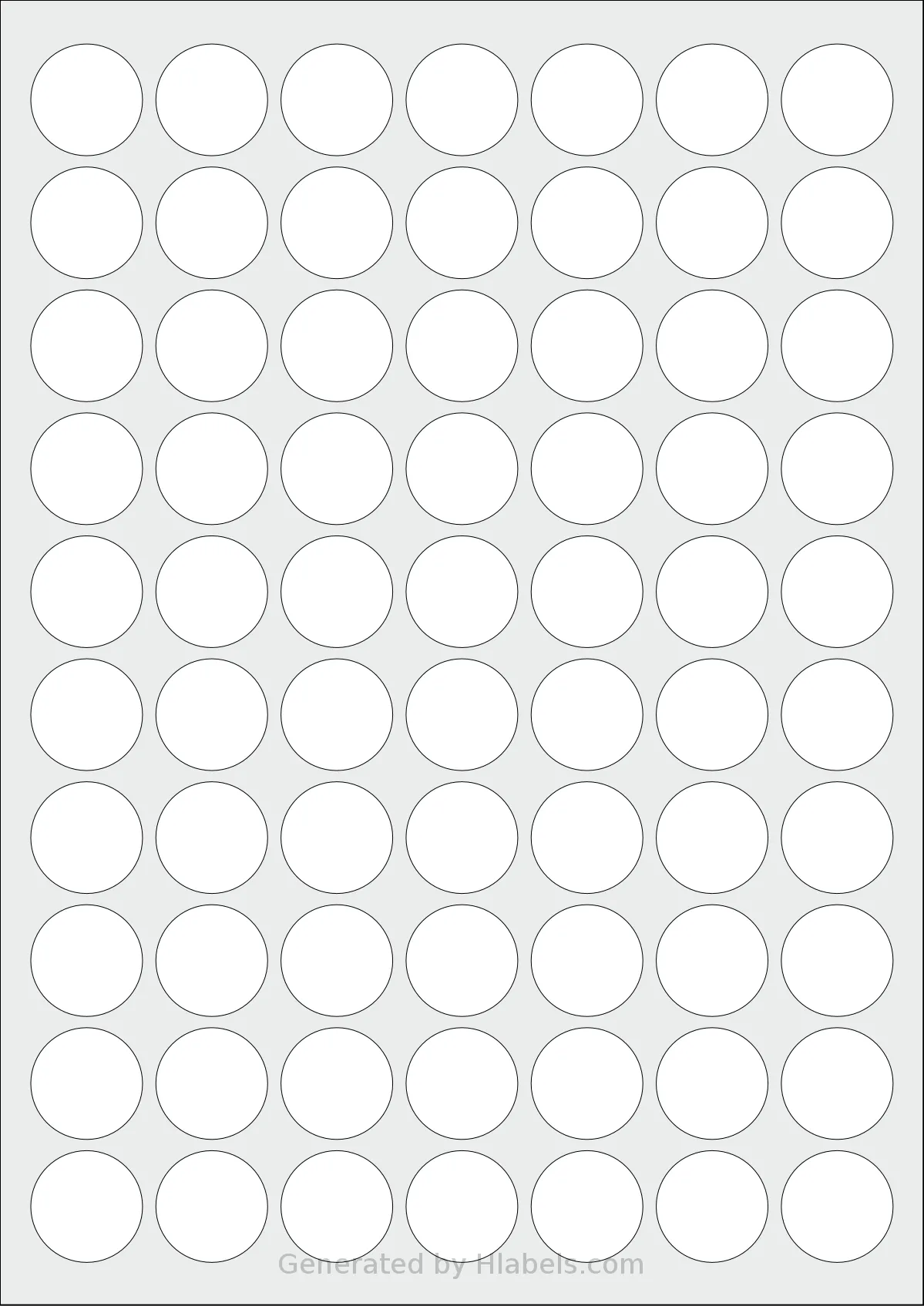 OnlineLabelsAU® 067 template with 70 circle labels per sheet, each 25.4 millimeter in diameter, on A4-size adhesive blank label sheets.