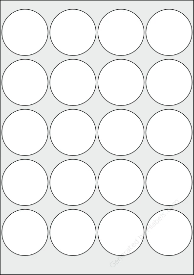 OnlineLabelsAU® 069 template with 20 circle labels per sheet, each 50 millimeter in diameter, on A4-size adhesive blank label sheets.