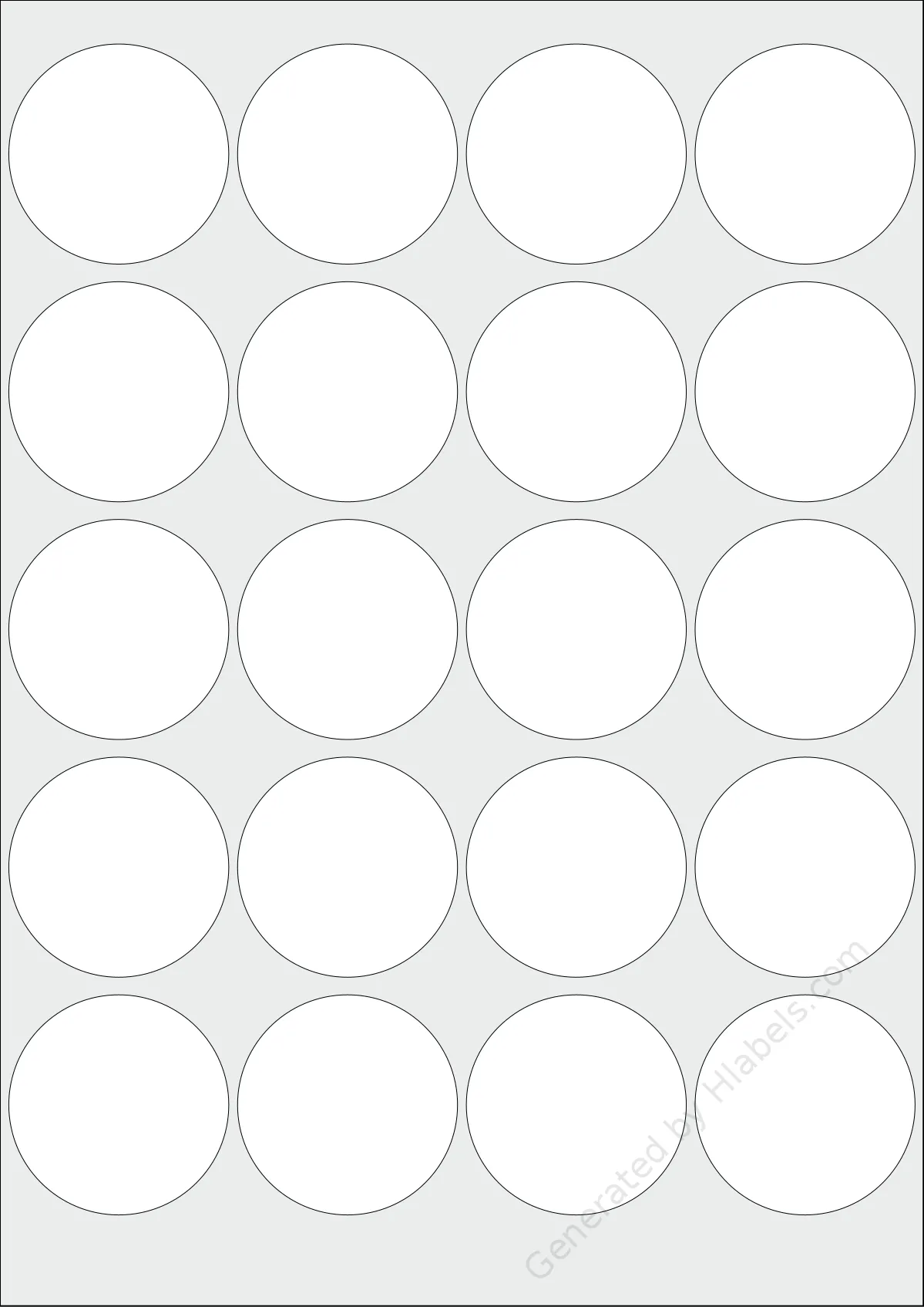OnlineLabelsAU® 069 template with 20 circle labels per sheet, each 50 millimeter in diameter, on A4-size adhesive blank label sheets.