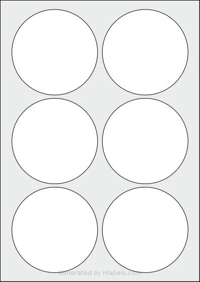 OnlineLabelsAU® 071 template with 6 circle labels per sheet, each 90 millimeter in diameter, on A4-size adhesive blank label sheets.