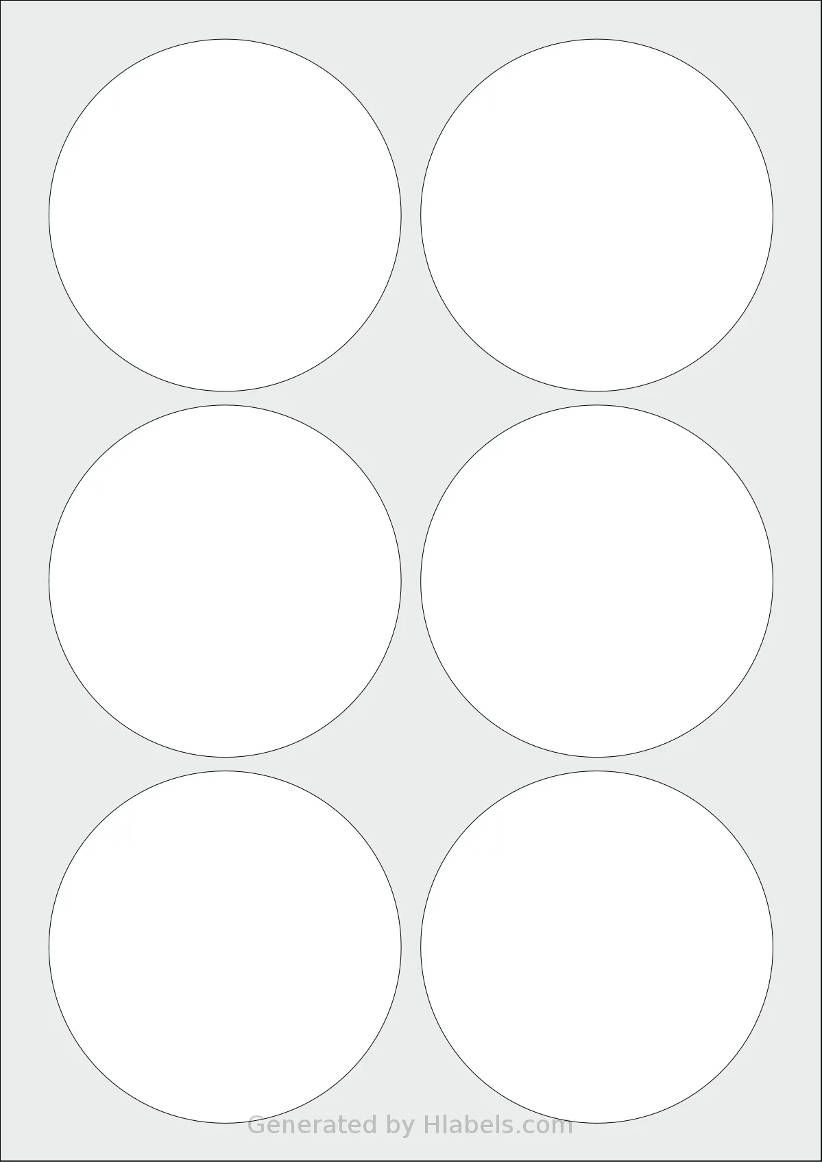 OnlineLabelsAU® 071 template with 6 circle labels per sheet, each 90 millimeter in diameter, on A4-size adhesive blank label sheets.