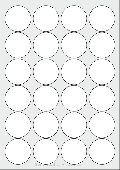OnlineLabelsAU® 153 Template OnlineLabelsAU® 153 template with 24 circle labels per sheet, each 45 millimeter in diameter, on A4-size adhesive blank label sheets.