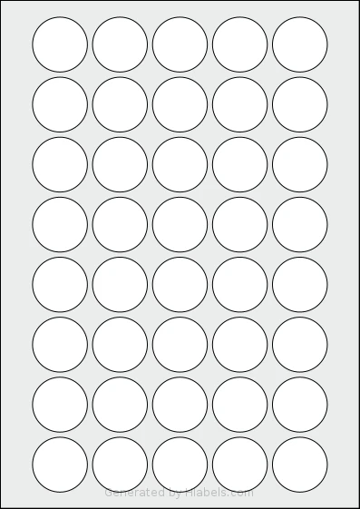 OnlineLabelsAU® 156 template with 40 circle labels per sheet, each 32 millimeter in diameter, on A4-size adhesive blank label sheets.