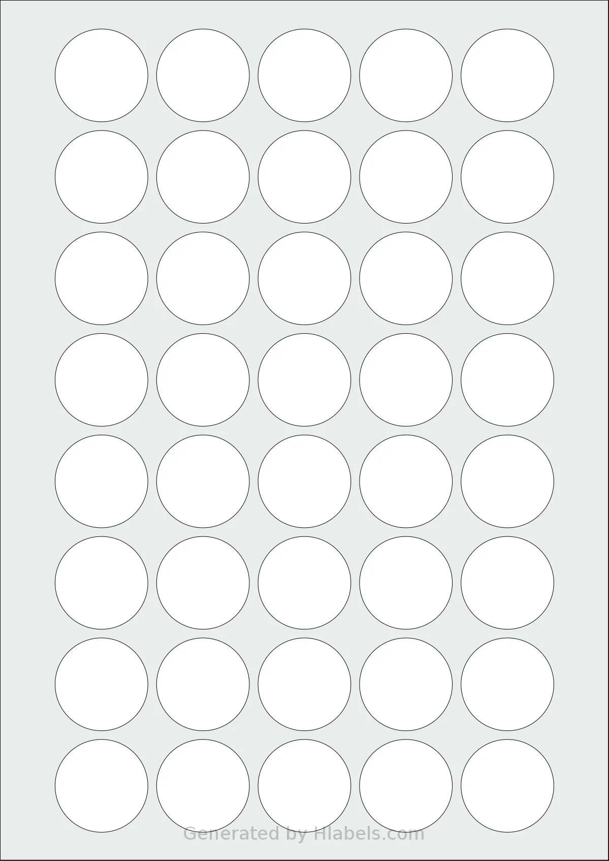 OnlineLabelsAU® 156 template with 40 circle labels per sheet, each 32 millimeter in diameter, on A4-size adhesive blank label sheets.