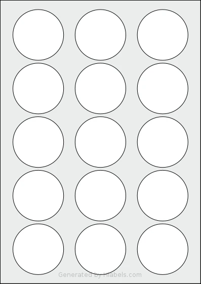 OnlineLabelsAU® 172 template with 15 circle labels per sheet, each 53 millimeter in diameter, on A4-size adhesive blank label sheets.