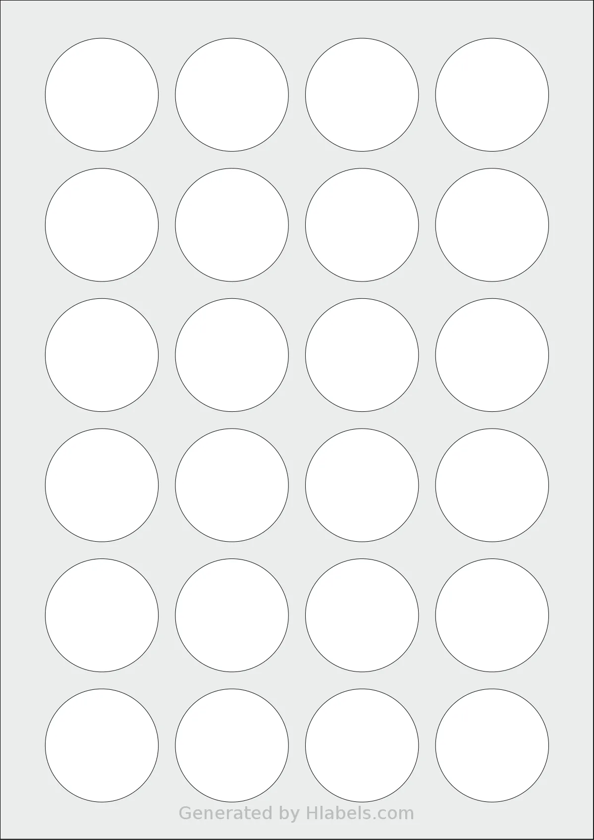 Printation® 1558538-NP template with 24 circle labels per sheet, each 40 millimeter in diameter, on A4-size adhesive blank label sheets.