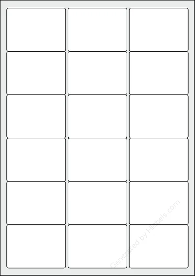 Printec® A0180 template with 18 rectangular 63.5 x 46.6 millimeter labels per sheet, on A4-size adhesive blank label sheets.