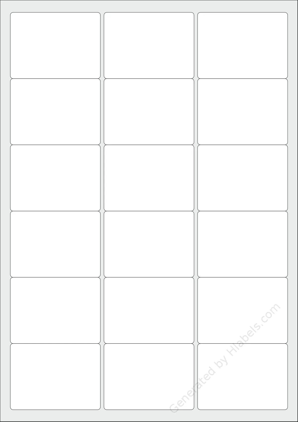 Printec® A0180 template with 18 rectangular 63.5 x 46.6 millimeter labels per sheet, on A4-size adhesive blank label sheets.