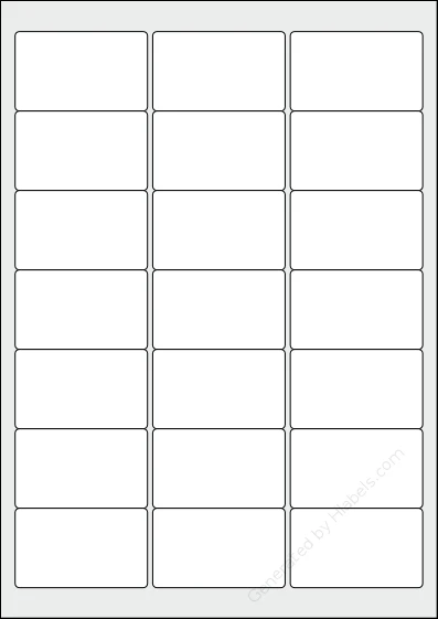 Printec® A0210 template with 21 rectangular 63.5 x 38.1 millimeter labels per sheet, on A4-size adhesive blank label sheets.