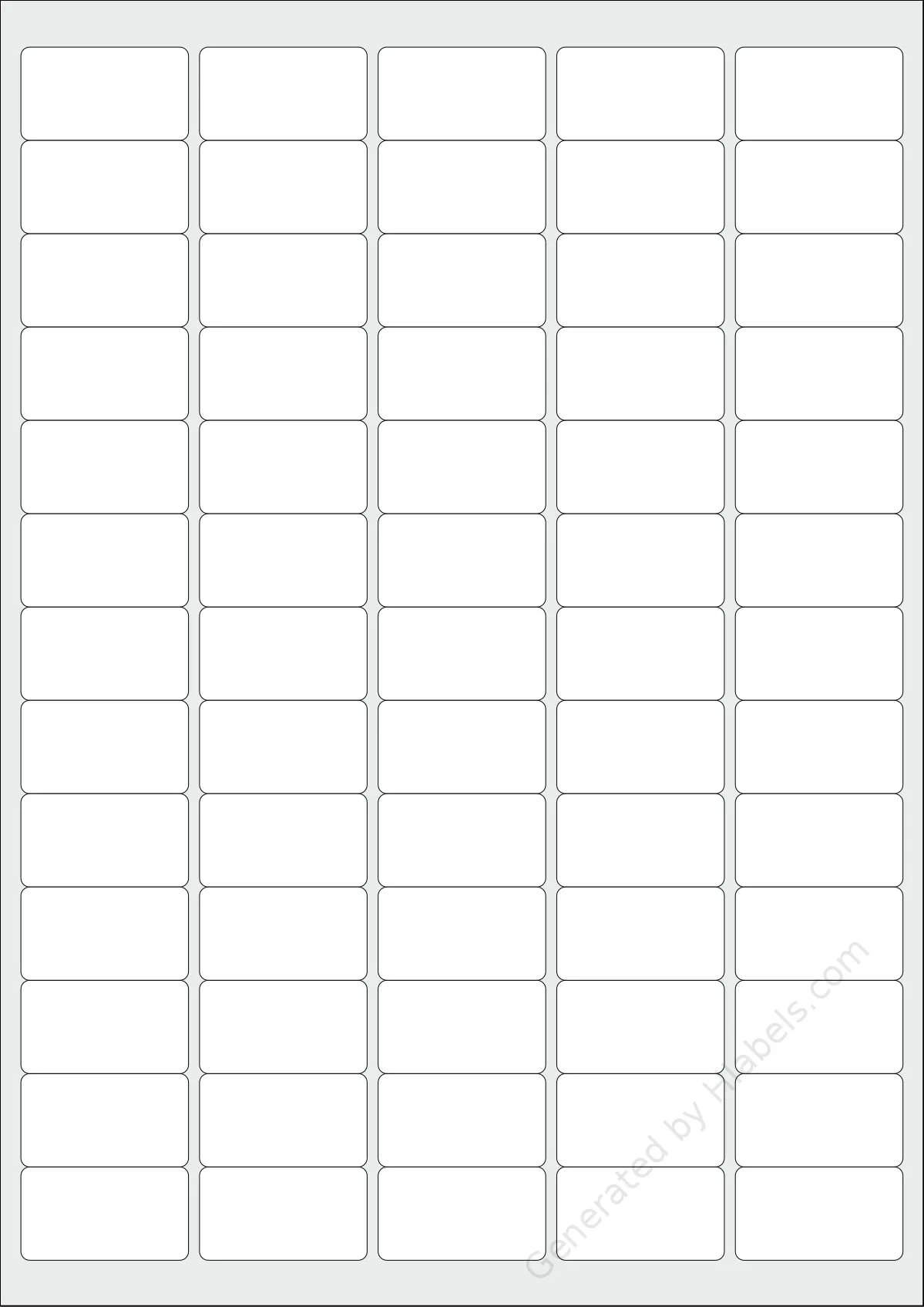 Printec® AA0650 template with 65 rectangular 38.1 x 21.2 millimeter labels per sheet, on A4-size adhesive blank label sheets.