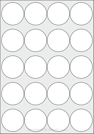 Redfern® 20UP template with 20 circle labels per sheet, each 50 millimeter in diameter, on A4-size adhesive blank label sheets.