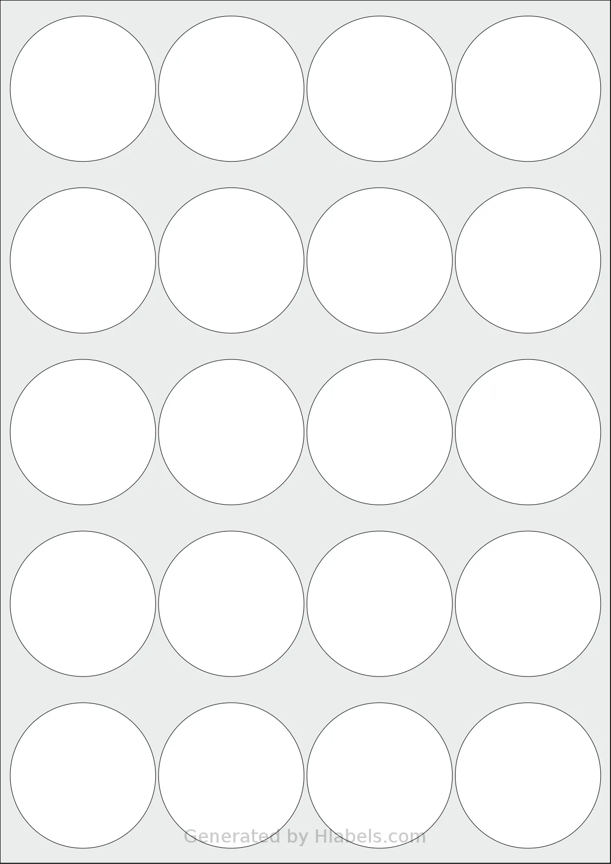 Redfern® 20UP template with 20 circle labels per sheet, each 50 millimeter in diameter, on A4-size adhesive blank label sheets.