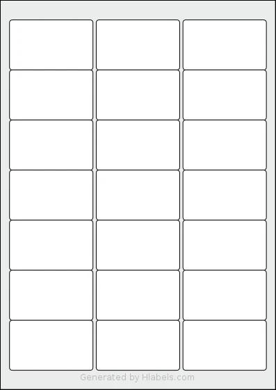 Redfern® 21UP-B template with 21 rectangular 63.5 x 38.1 millimeter labels per sheet, on A4-size adhesive blank label sheets.