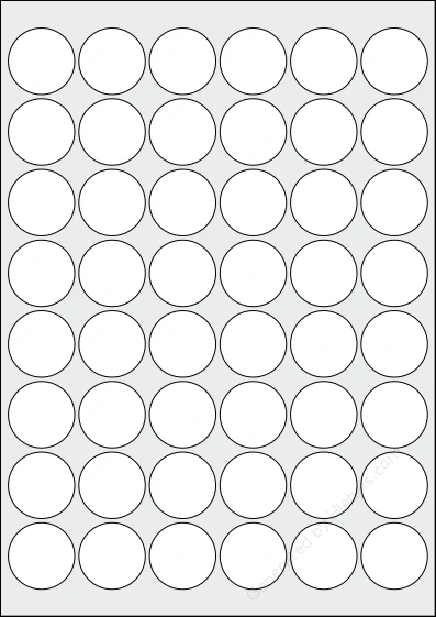 Redfern® 48UP template with 48 circle labels per sheet, each 32 millimeter in diameter, on A4-size adhesive blank label sheets.