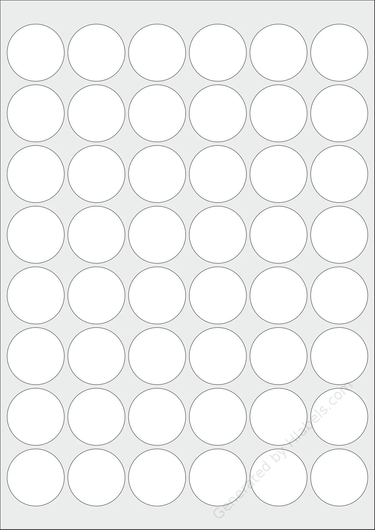 Redfern® 48UP template with 48 circle labels per sheet, each 32 millimeter in diameter, on A4-size adhesive blank label sheets.