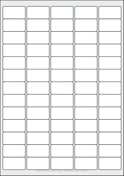 Redfern® 65UP-B template with 65 rectangular 38.1 x 21.2 millimeter labels per sheet, on A4-size adhesive blank label sheets.