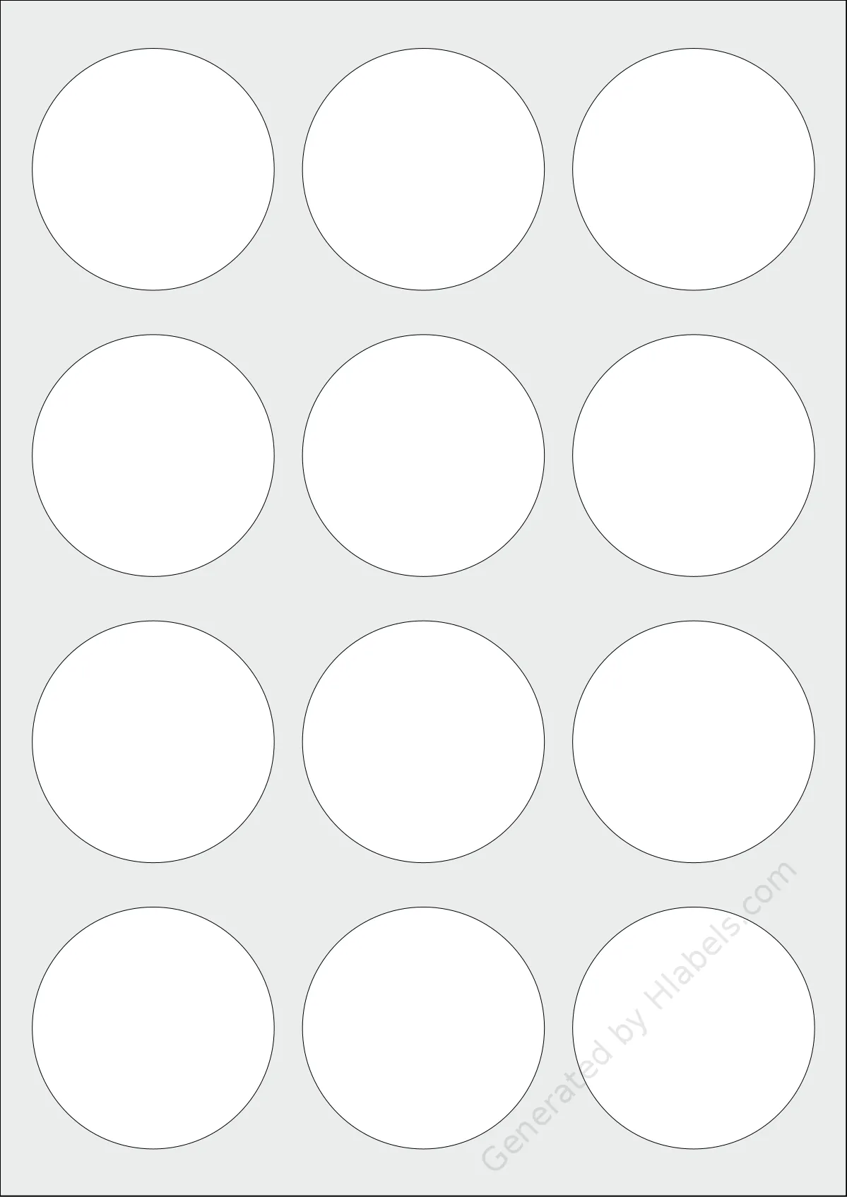 Sorex® 000060 template with 12 circle labels per sheet, each 60 millimeter in diameter, on A4-size adhesive blank label sheets.