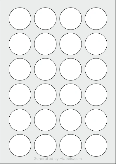 Tanex® TW-2140 template with 24 circle labels per sheet, each 40 millimeter in diameter, on A4-size adhesive blank label sheets.