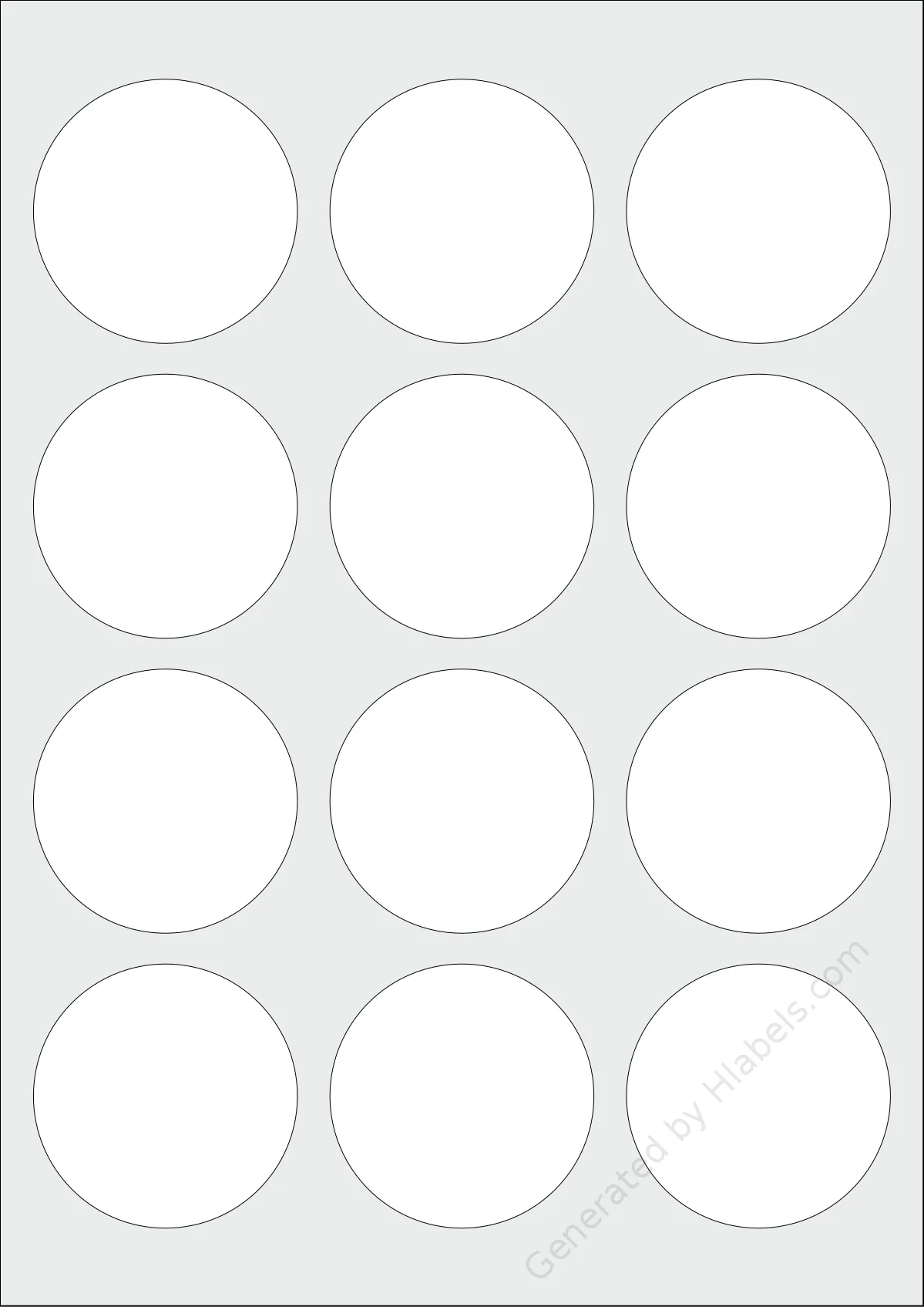 Tanex® TW-2160 template with 12 circle labels per sheet, each 60 millimeter in diameter, on A4-size adhesive blank label sheets.