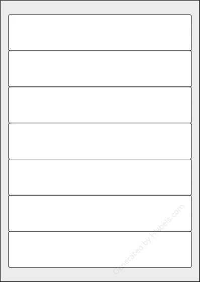 TopstickLabels® Topstick-8721 template with 7 rectangular 192 x 38 millimeter labels per sheet, on A4-size adhesive blank label sheets.