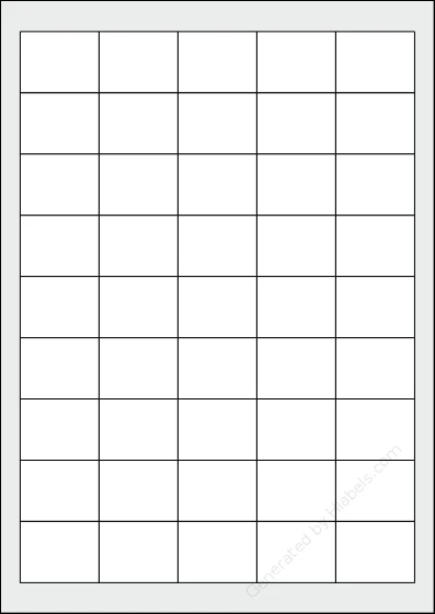 TopstickLabels® Topstick-8778 template with 45 rectangular 38.1 x 29.6 millimeter labels per sheet, on A4-size adhesive blank label sheets.