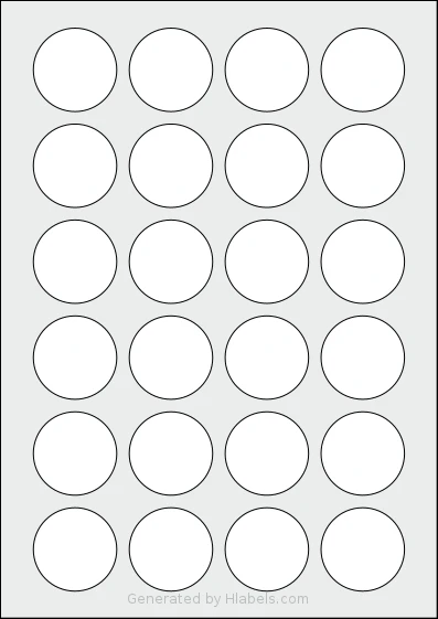TownStix® A4-Round-24 template with 24 circle labels per sheet, each 40 millimeter in diameter, on A4-size adhesive blank label sheets.